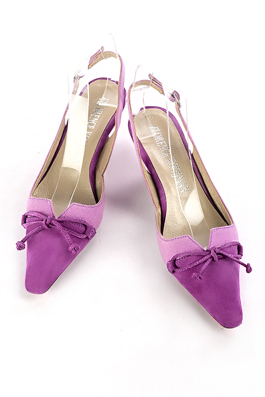 Mauve purple women's open back shoes, with a knot. Tapered toe. Medium spool heels. Top view - Florence KOOIJMAN